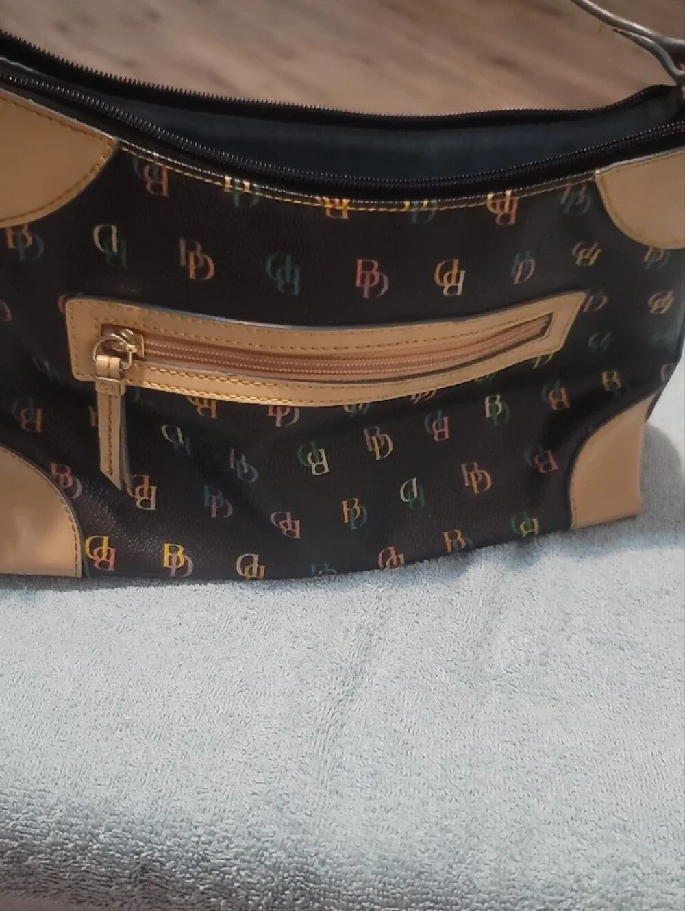 Bella D. Black Shoulder Bag with Multicolor Logo and Tan Accents